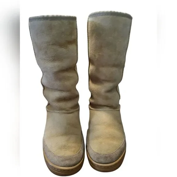 UGG Australia Tall Beige Pure New Wool Lined Leather Boots, Mens 6 Ladies 7 - Picture 4 of 10